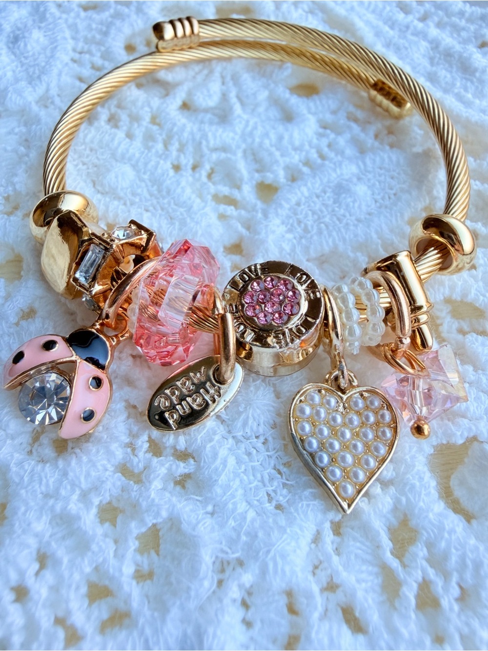 Gold Pink Charm Bangle Bracelet with Heart & Ladybug Charms